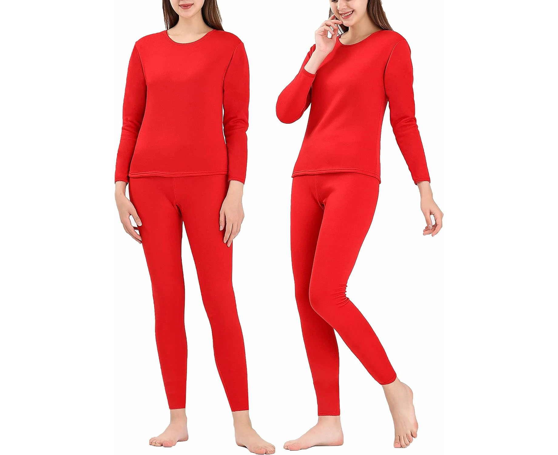 Women's Thermal Underwear Set Inner Fleece Thick Warmer Top & Thermal Pants Leggings - Red 1