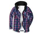 Men's Hooded Thick Plaid Flannel Jacket Plush Lined Long Sleeve Winter Coat with Pockets-Blue and red grid