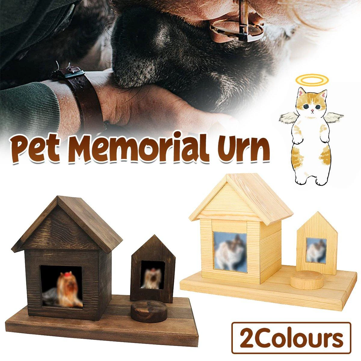 Pet House Urns Dog Cat Ashes Urn with Photo Frame Memory Box Wooden Memorial Pet - Dark Brown