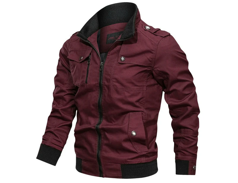 Men's Long Sleeve Jacket Fashion Stand Collar Full Zipper Pocket Jacket Slim Cotton Jacket-red