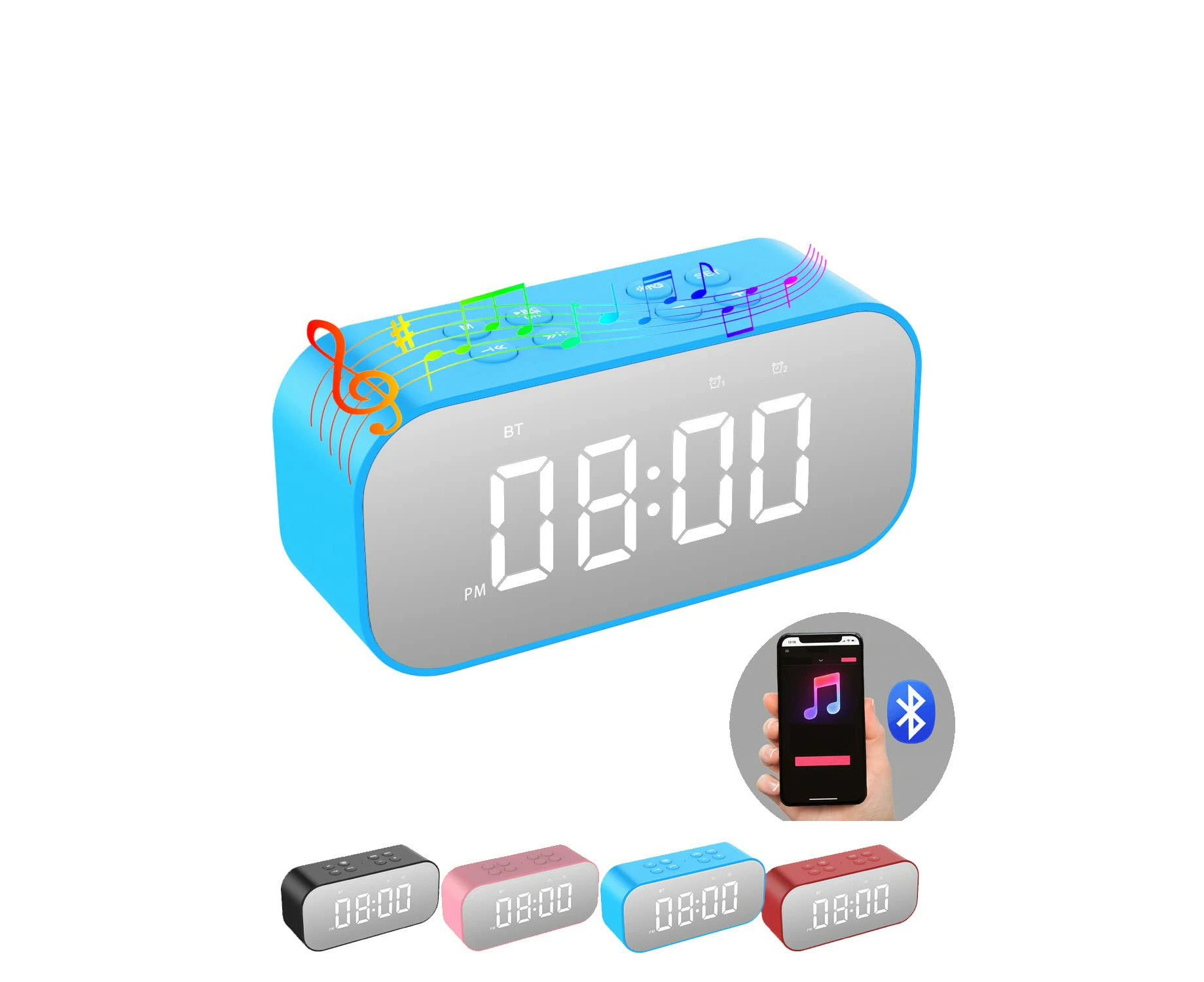 Alarm Clock for Bedroom/Office,Digital Clock with Bluetooth Speaker,Small Alarm Clock for Heavy Sleepers Adults/Teens with Dual Alarms,Mirror LED