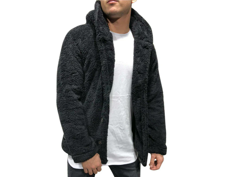Men's Fuzzy Sherpa Hoodie Jacket Long Sleeve Button Up Fleece Winter Warm Jacket-black