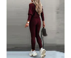 Ladies Solid One Shoulder Sweatshirt Pullover T-shirt Top and Lounge Pants Tracksuit Set Loungewear Casual Outfit - Wine Red