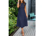 Womens Elegant Midi Maxi Dress Plain Summer Dresses-Navy