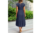 Womens Elegant Midi Maxi Dress Plain Summer Dresses-Navy