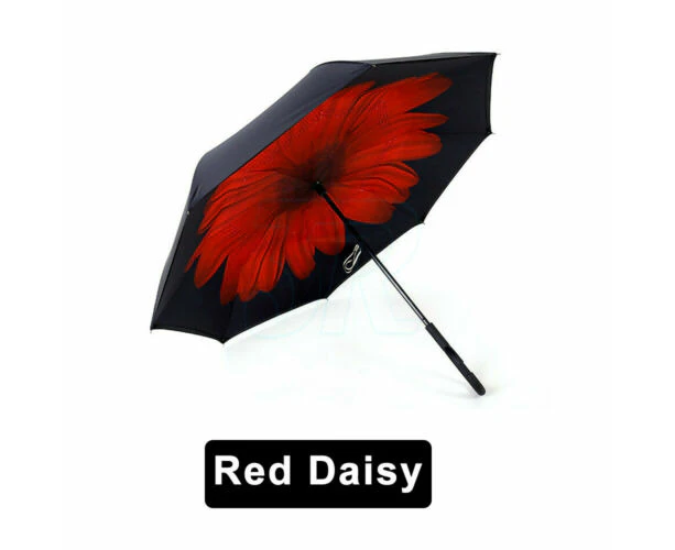 Windproof Upside Down Reverse Umbrella Double Layer Inside-Out Inverted C-Handle - Red Daisy