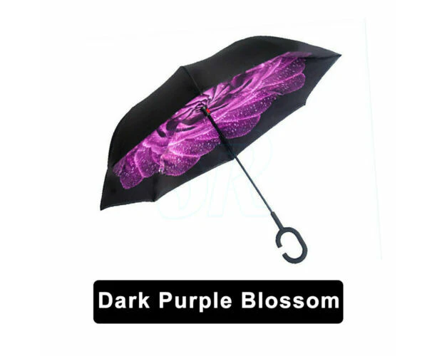 Windproof Upside Down Reverse Umbrella Double Layer Inside-Out Inverted C-Handle - Dark Purple Blossom