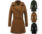 Women's Double Breasted Pea Coat Hooded Long Winter Trench Coat-Military Green