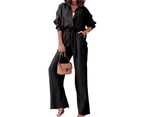 Women's Ladies Long Sleeve Button Down Shirts and Trousers Outfits Sets Casual Loungewear - Black