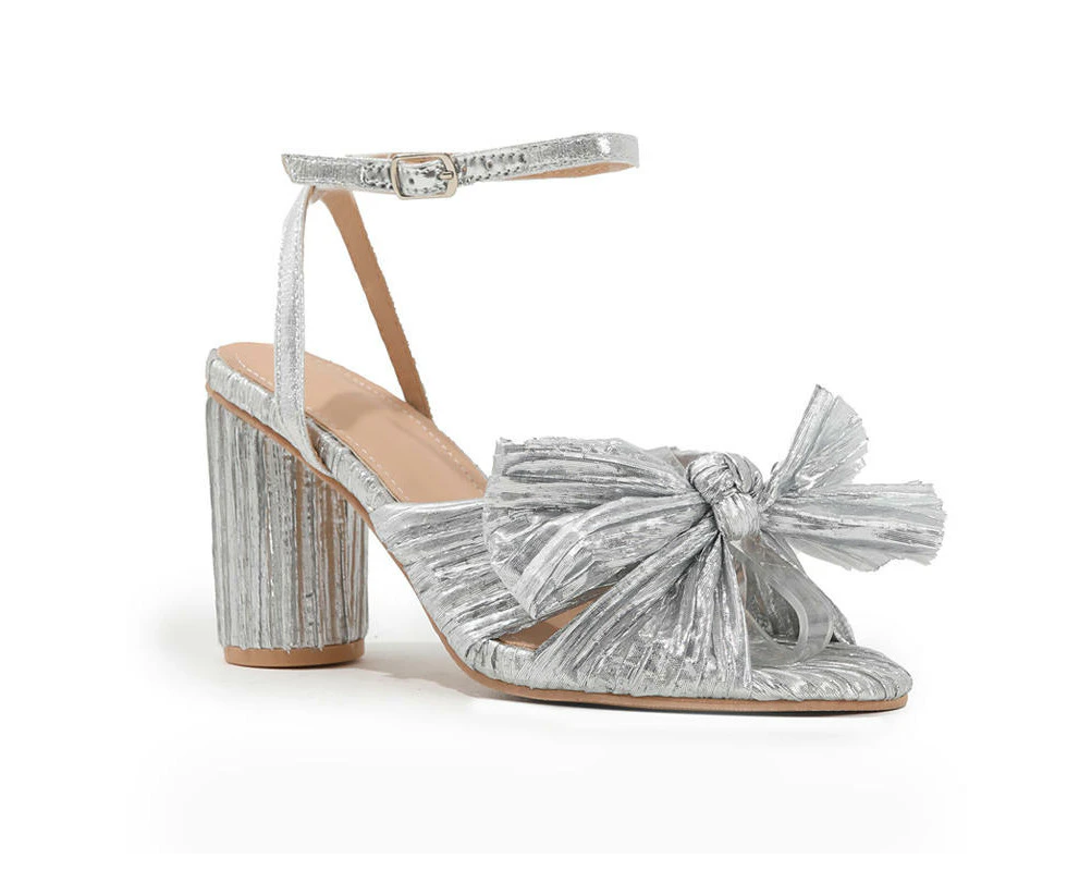 Amoretu Pleated Bowknot Heels Elegant Chunky Block Ankle Strap Sandals-Silver