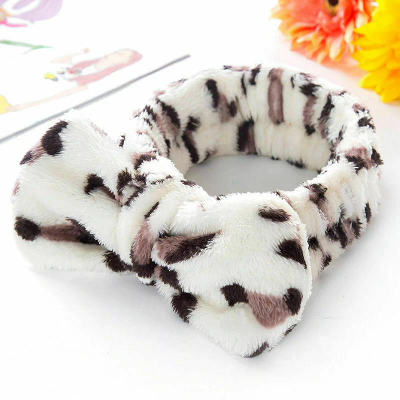 Cute Big Bow Striped Soft Hair Band Head Wrap Headband Bath Spa Headband - Leopard