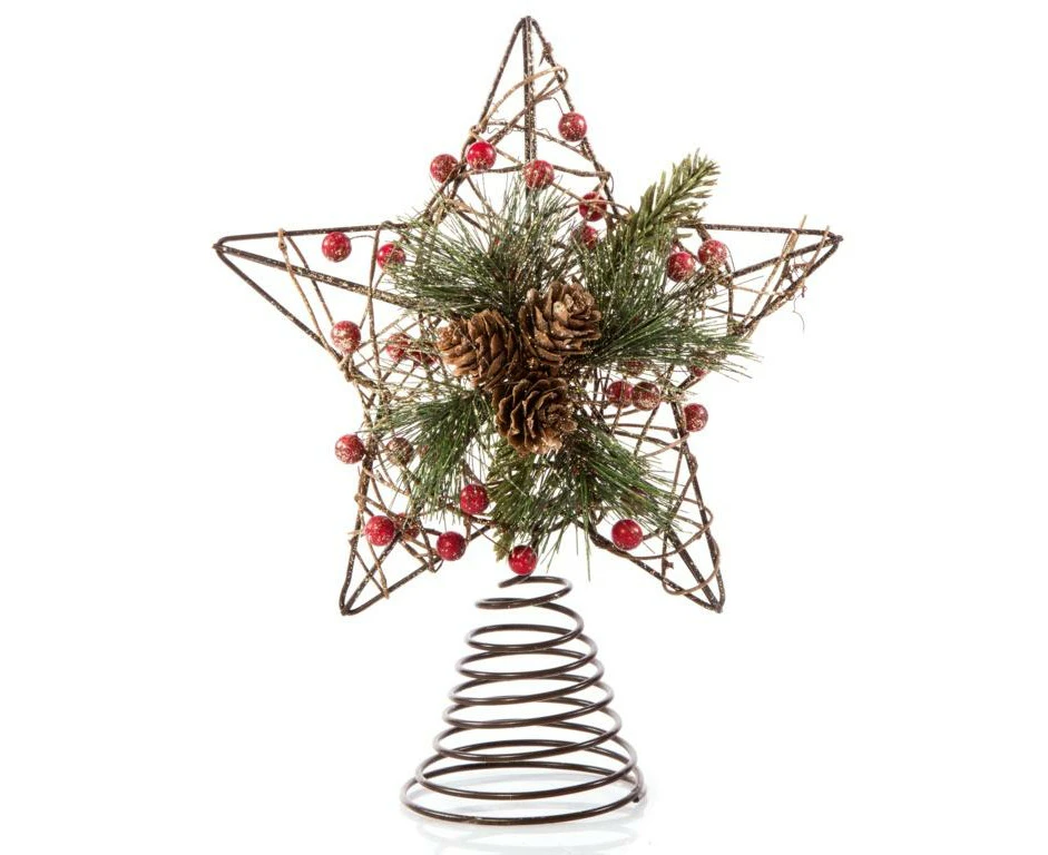 Premier Woodland Star Christmas Tree Topper (Natural/Green/Red) - ST9453