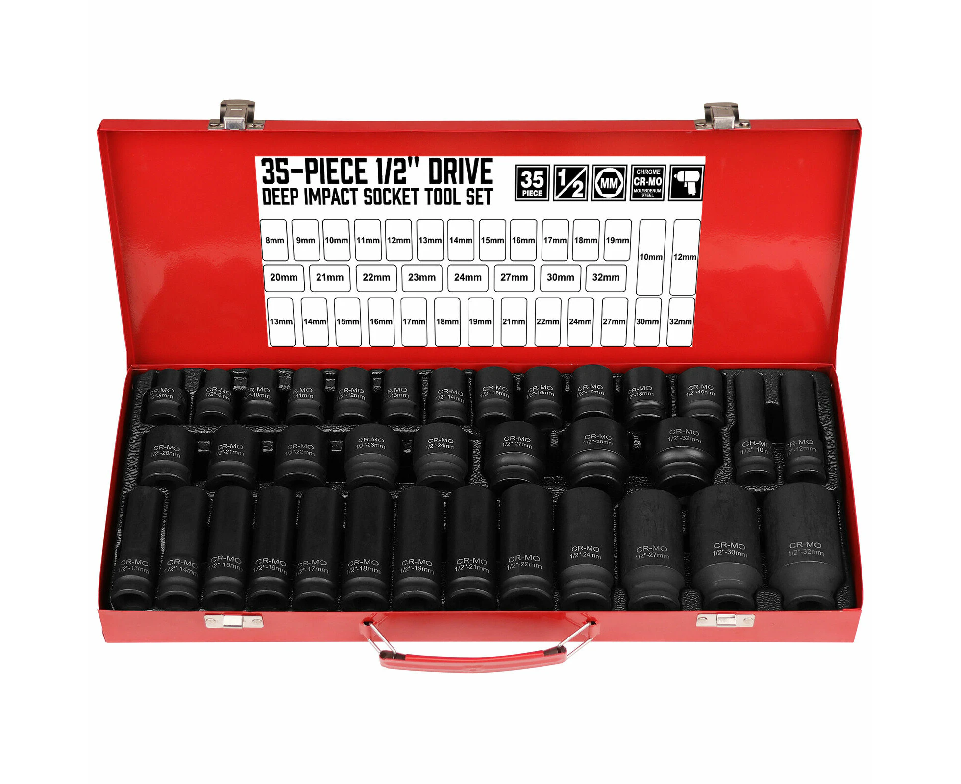 HORUSDY 35Pc 1/2' Dr. Impact Socket Set Short Deep Sockets Metric 8-32mm wt Case