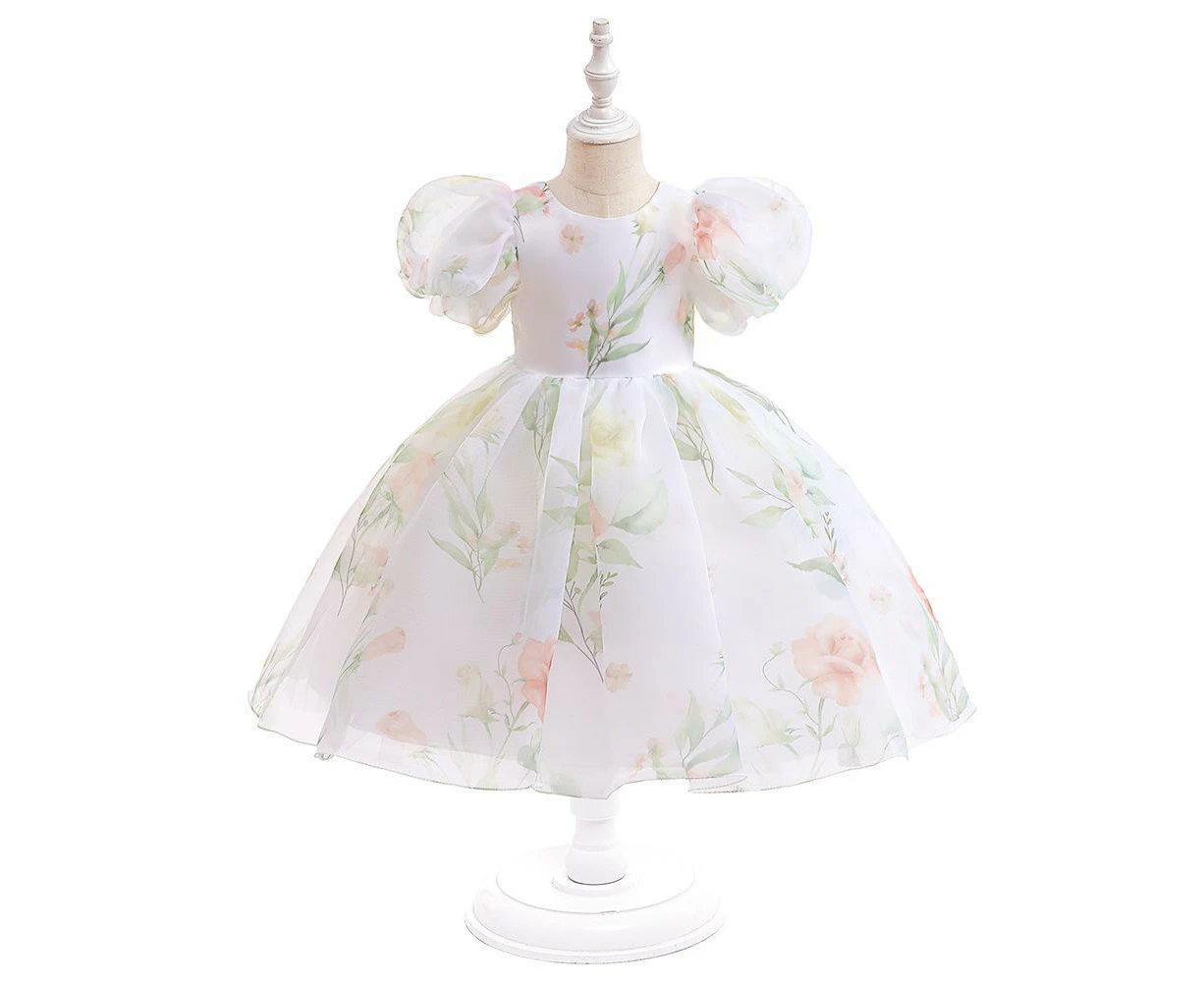 2yrs-8yrs Bubble Sleeve Printed Flowers Wedding Dress Elegant Ballgown