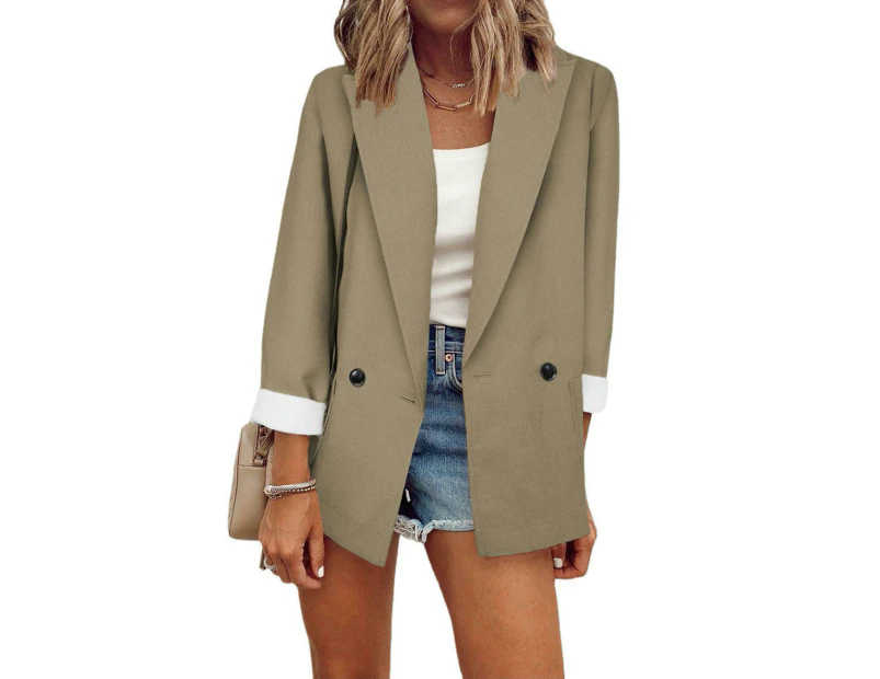 Women's Fashion Fall Lapel Collar Buttons Blazer Jackets for Women Casual-Khaki