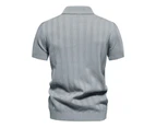 Mens Knitted Striped Polo Shirts Casual Henley Shirts Regular Fitted Work Shirts for Men-Light Grey