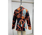 Women's Graphic Print Blazer Button Open Front Long Sleeve Jacket Multicolored-Black+Orange 04