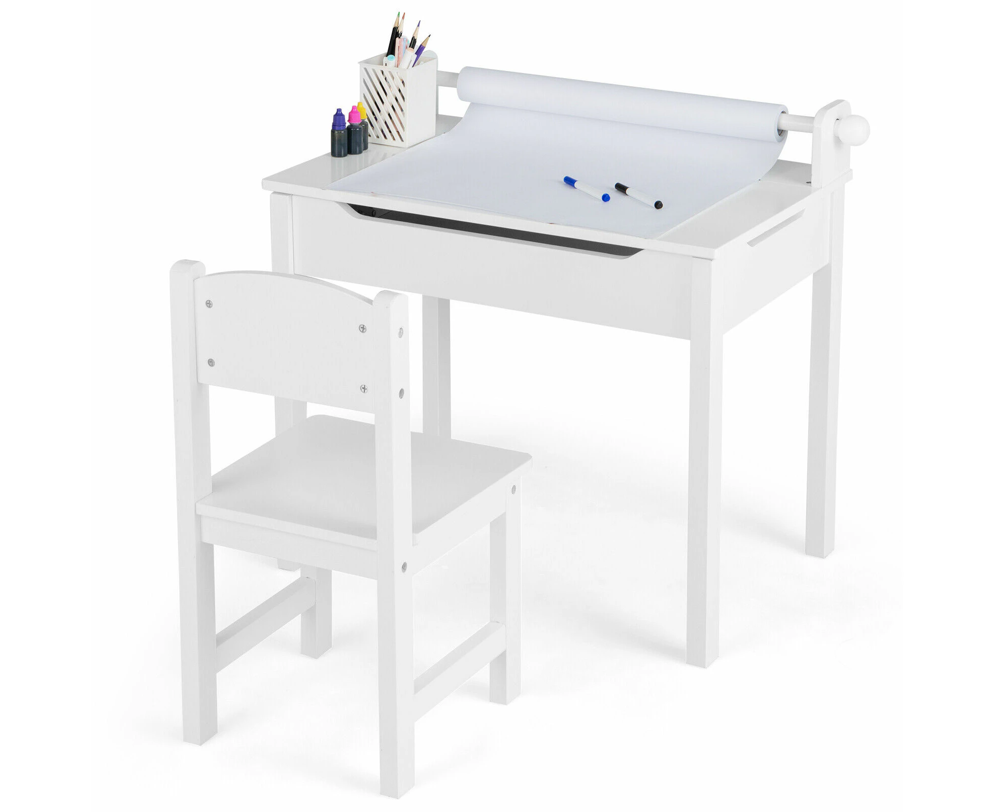 Kids Table and Chair Set Activity Play Study Table Draw Desk w/Paper Roll Holder