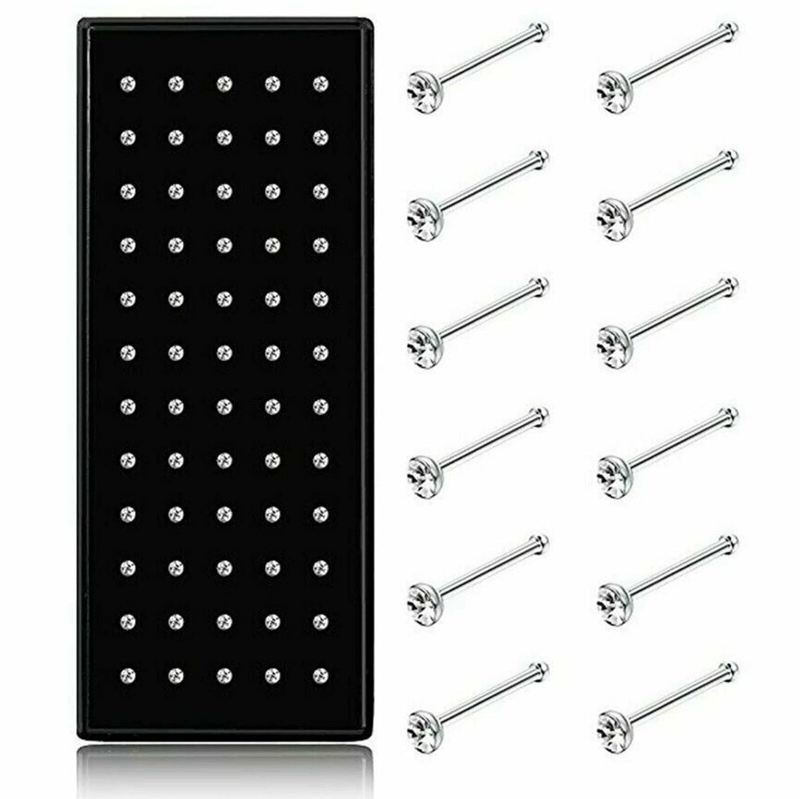 UP TO 60PCS Stainless Steel Crystal Nose Stud Straight Nose Pin Nose Piercing - 60pcs White