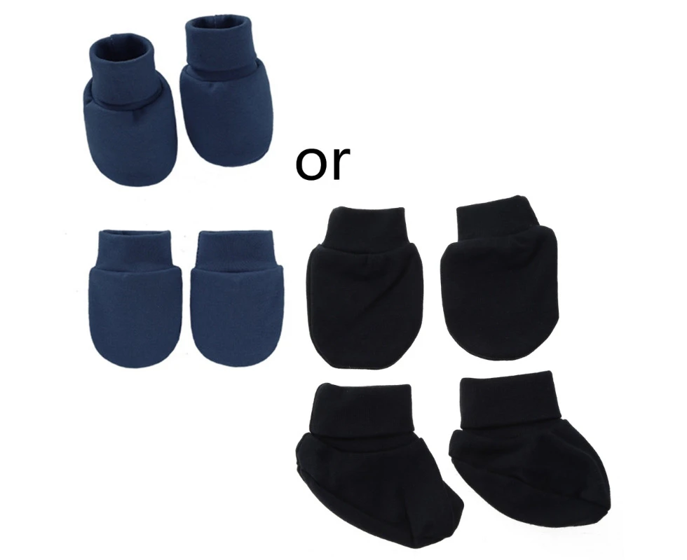 Infants Newborn Toddlers Boys Girls Shower Gifts No Scratch Mittens Socks Set - Navy Blue