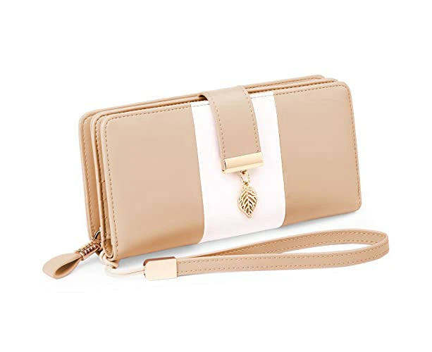 Ladies Purse, Large Capacity RFID Blocking Leather Women's Wallet with Detachable Wrist Strap