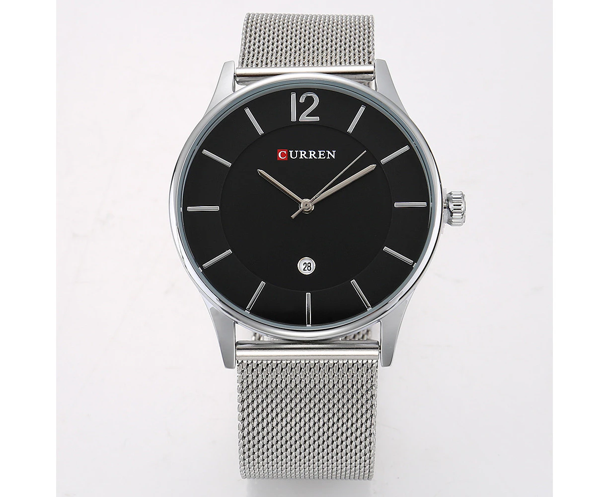 Men’s Watches Fashion enjoy leisure Quartz Analog Mesh Stainless Steel Watches Waterproof Date Watch for Men -White shell black