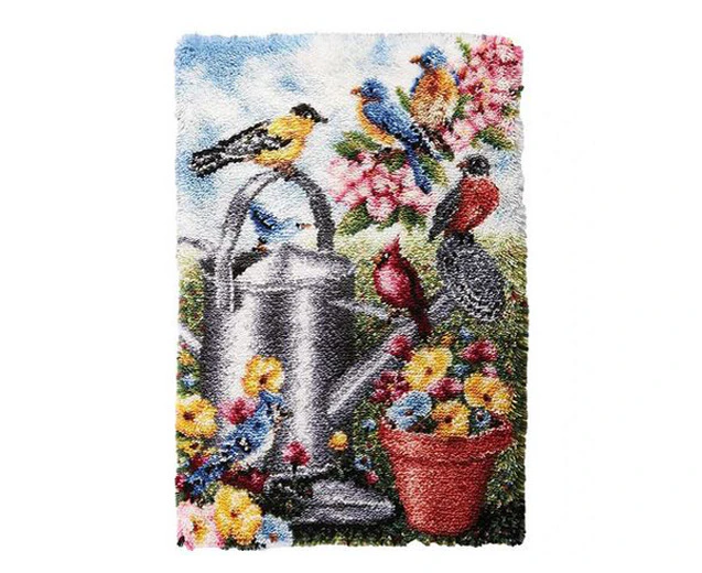 Crafting Kit Latch Hook Garden Birds with Canvas Floor Mat and Threads