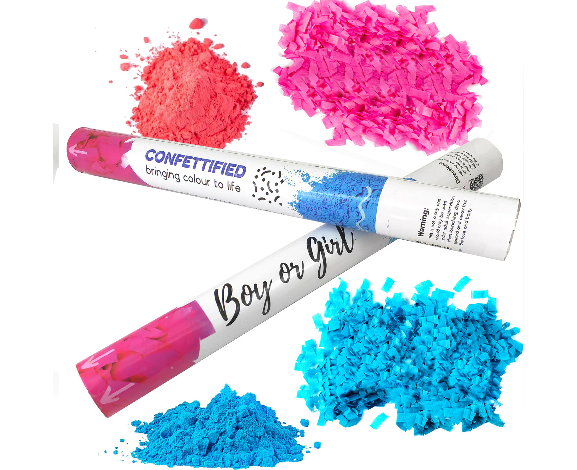 2pcs Set Confettified Holi Powder Smoke & Confetti Cannon Launcher Popper for Gender Reveal Party 45cm 1Pink + 1Blue