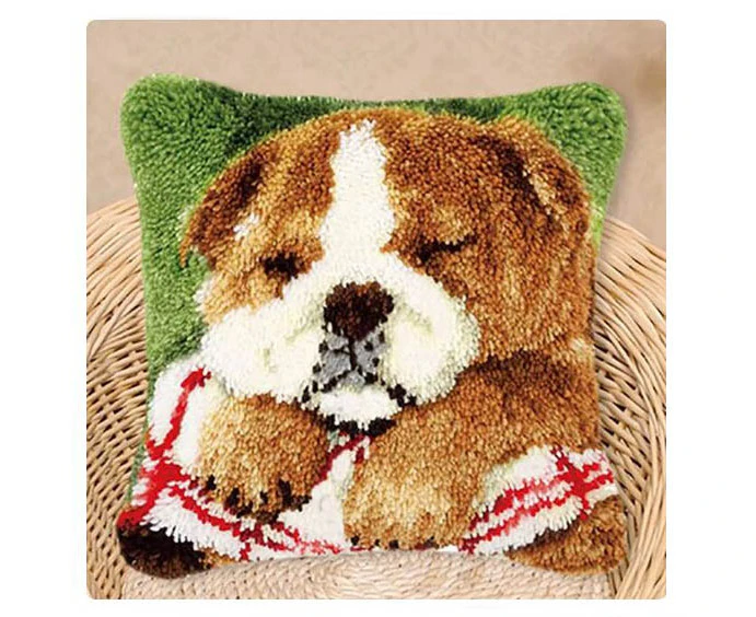 Crafting Kit Latch Hook Sleeping Dog Cushion with Canvas Hook and Threads