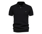 Mens Knitted Striped Polo Shirts Casual Henley Shirts Regular Fitted Work Shirts for Men-Black