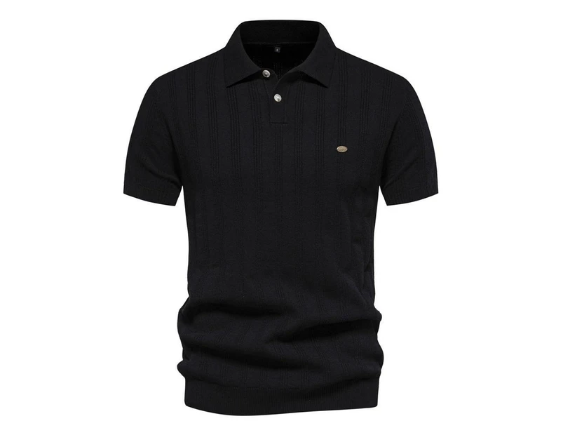 Mens Knitted Striped Polo Shirts Casual Henley Shirts Regular Fitted Work Shirts for Men-Black