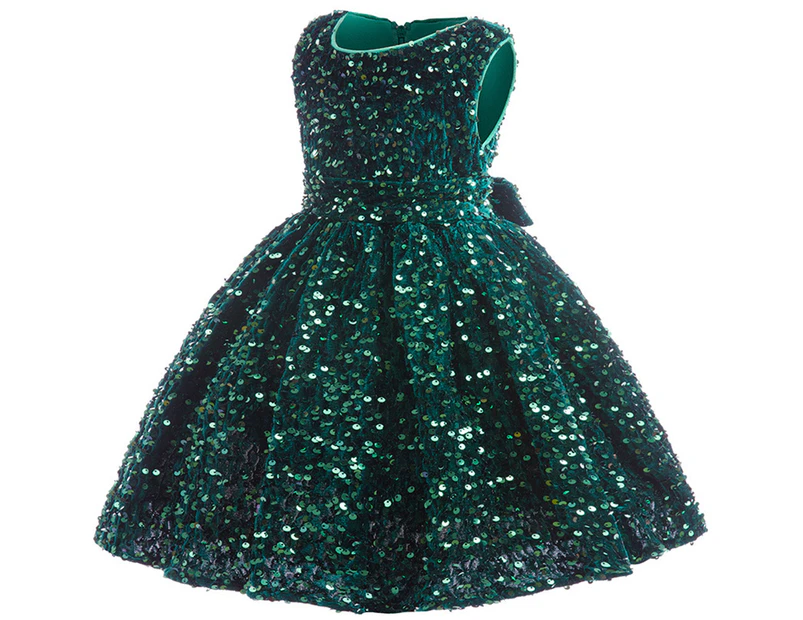 Kids Girls Christmas Xmas Party Sequins Sleeveless Princess Skater Dress Formal Pageant - Green