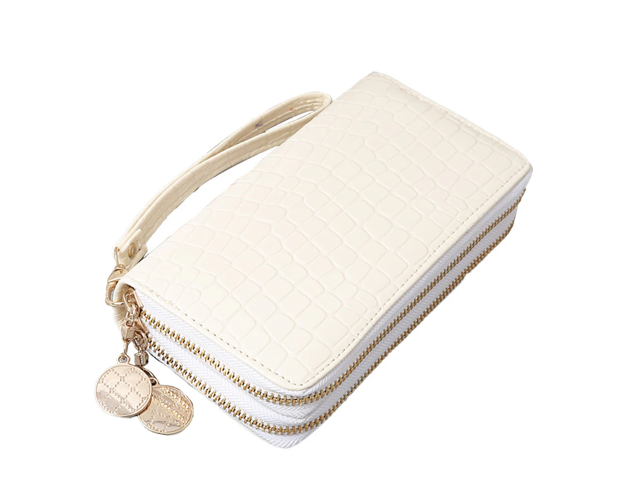 Leather Zip Around Wallet Large Capacity Credit Card Long Purse Clutch Wristlet*white