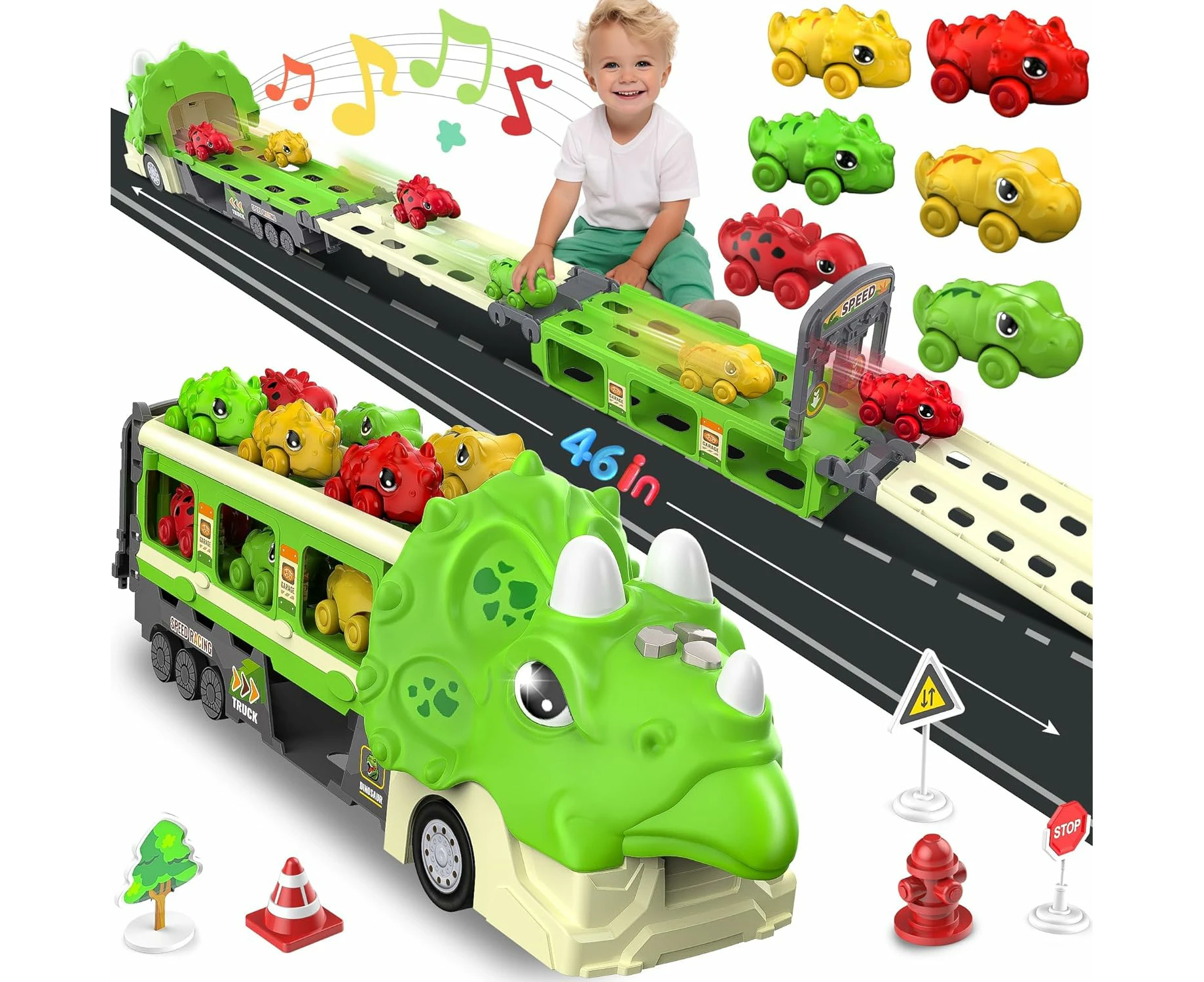 Car Toys for Boy Birthday Gifts, Foldable Ejection Race Track Dinosaur Toy Cars Toy Trucks w/Sound, 6 Dino Cars & 12 Road Signs, Toys for Boys