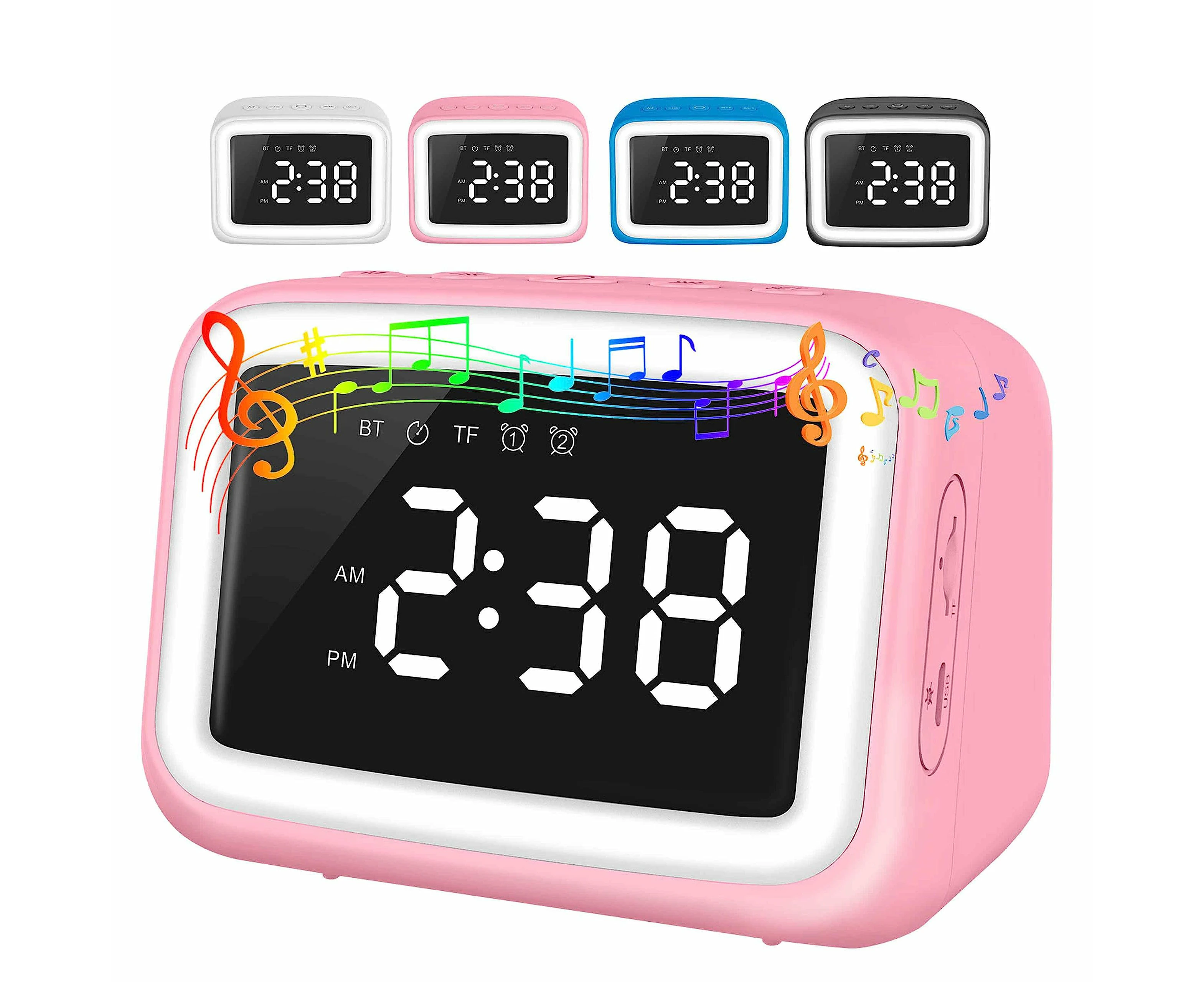 Kids Alarm Clock with Bluetooth Speaker for Bedroom, Wake Alarm Clock for Kids with Dimmable Night Light,Digital Clock with Dual Alarms,Snooze,Timer