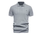 Mens Knitted Striped Polo Shirts Casual Henley Shirts Regular Fitted Work Shirts for Men-Light Grey