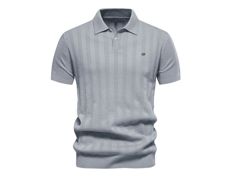 Mens Knitted Striped Polo Shirts Casual Henley Shirts Regular Fitted Work Shirts for Men-Light Grey