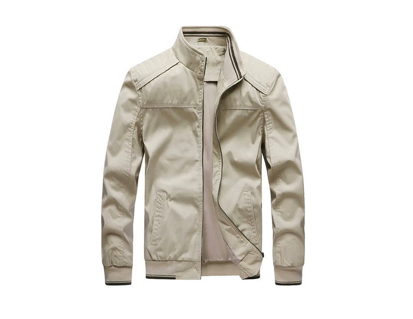 Men's Cargo Jacket Washed Cotton Stand-Collar Cardigan Coat Casual Solid Color Zipper Jackets-Khaki color