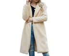 Women's Fuzzy Fleece Lapel Open Front Long Cardigan Coat Warm Winter Outwear Jackets-Milk white
