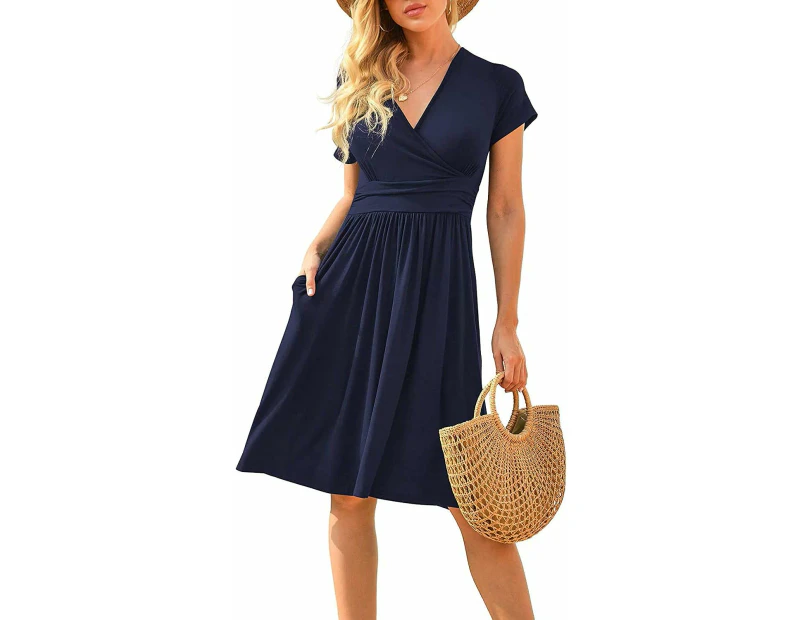 Womens Sexy V-Neck Summer Dress Elegant Dress Beach Dresses with Pockets-Dark Blue