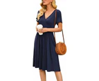 Womens Sexy V-Neck Summer Dress Elegant Dress Beach Dresses with Pockets-Dark Blue