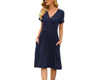 Womens Sexy V-Neck Summer Dress Elegant Dress Beach Dresses with Pockets-Dark Blue