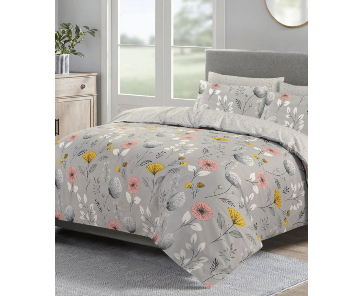 Grey Floral Design Cotton Quilt Cover Set