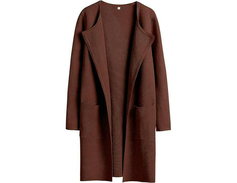 Women's Cardigan Sweater Casual Lapel Open Front Long Jackets Trench Clothes-Dark brown