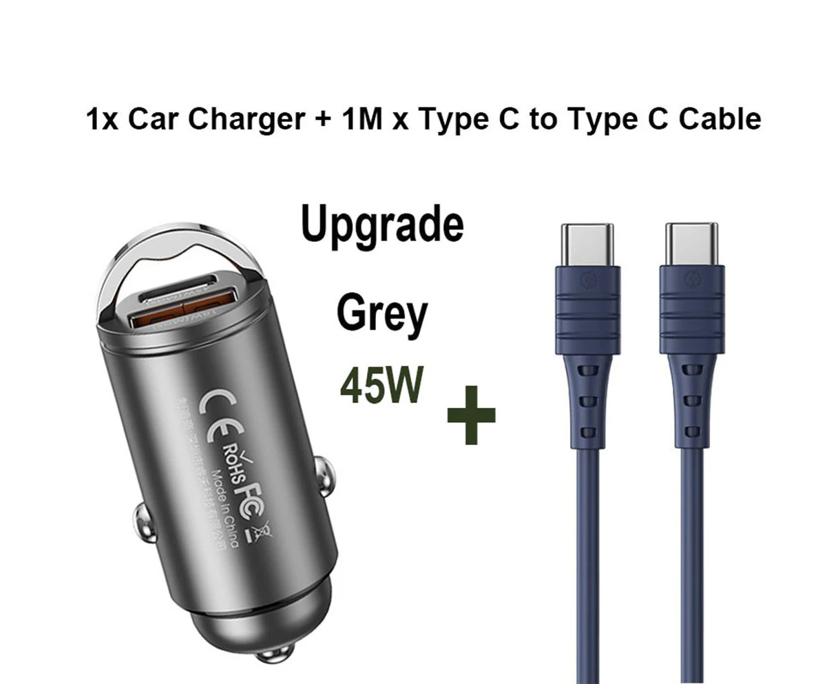 Type C Car Charger USB Fast Charging with Dual Port- grey charger + blue type c to type c cable