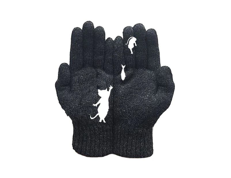 puluofuh 1 Pair Women Cartoon Kitten Fish Knitted Gloves Outdoor Warm Thickening Mittens-Black