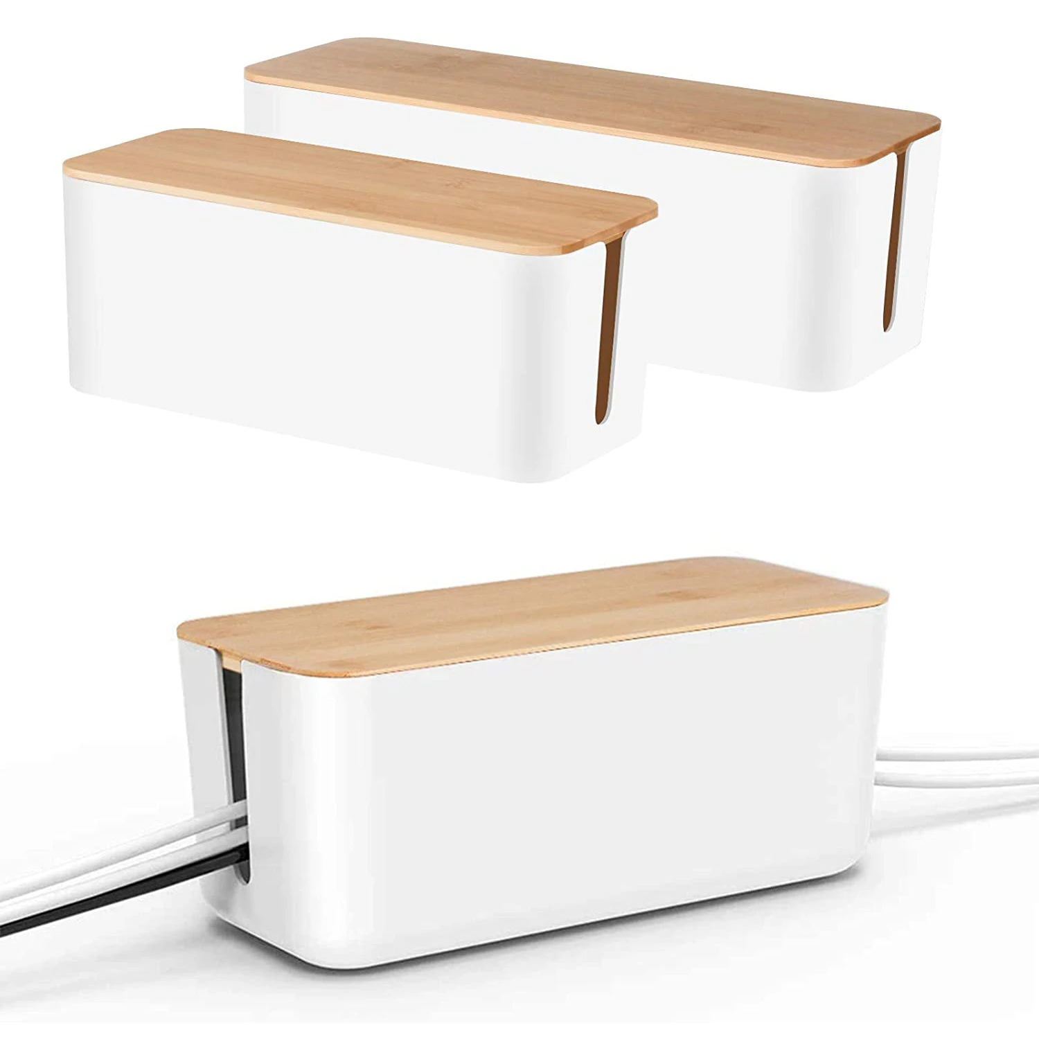 Set of Two Cable Management Box Bamboo Lid Cord Organizer White