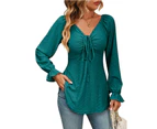 Women's Tops Casual Top V Neck Drawstring Tunic Sexy Long Sleeve Solid Color T Shirt Top-Blue