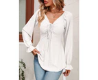 Women's Tops Casual Top V Neck Drawstring Tunic Sexy Long Sleeve Solid Color T Shirt Top-Blue