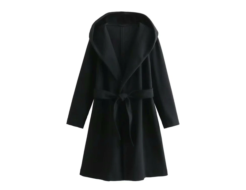 Women's Coat Long Jacket,Winter Long Sleeve Lapel Hooded Overcoat With Belt-black